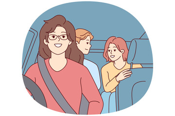 Woman drives car with teenage children in passenger seat, giving them ride to high school. Girl driver in glasses fastened with seat belt with friends in own vehicle. Flat vector illustration