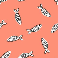 Pink seamless pattern with black outline fish
