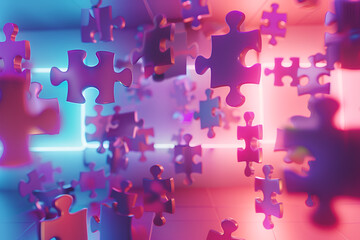 Background image of neon colorful puzzle pieces levitating