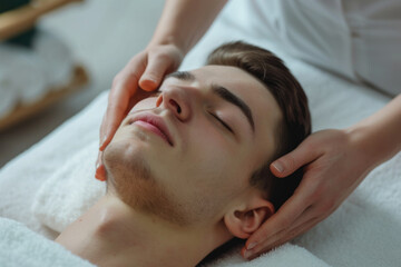 Fototapeta na wymiar Professional cosmetologist making massage for man in spa