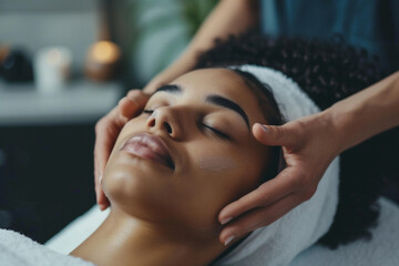 Close up masseur hands making face relaxing massage to a young African American girl lying with closed eyes in beauty salon or cosmetology cabinet. Professional cosmetologist making massage for woman - obrazy, fototapety, plakaty