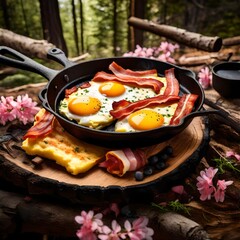 fried eggs with bacon and cheese,  A camping breakfast with bacon and eggs in a cast iron skillet on a log. The skillet is fresh and the eggs are omelette. The log is sturdy and long.