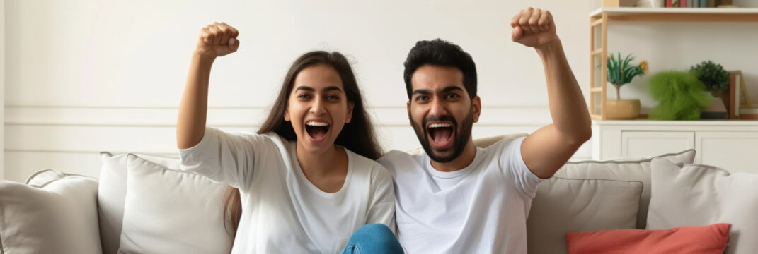 Excited Indian couple celebrating success while sitting on sofa at home. Overjoyed happy young man and woman in casual wear raising clenched fists in excitement doing winner gesture