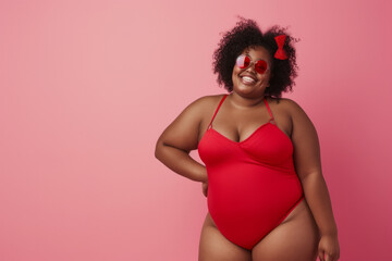 Funny young happy plus size African American woman in red swimsuit going on summer holiday trip and having fun on a pink studio background with copy space. Vacation and travel concept
