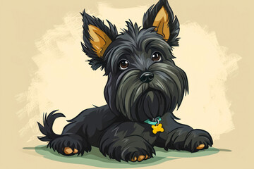Cute cartoon Scotch terrier lying on the floor. Cartoon style illustration.