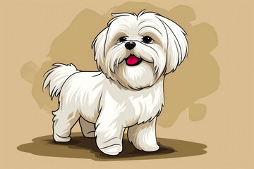 Cute Maltese shitzu dog on a brown background. Cartoon style illustration.