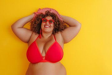 Portrait of a funny young happy plus size African American woman in red swimsuit going on summer holiday trip and having fun on a yellow studio background with copy space. Vacation and travel concept - obrazy, fototapety, plakaty