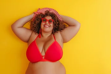 Foto op Plexiglas Portrait of a funny young happy plus size African American woman in red swimsuit going on summer holiday trip and having fun on a yellow studio background with copy space. Vacation and travel concept © AI_images