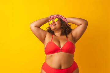 Portrait of a funny young happy plus size African American woman in red swimsuit going on summer holiday trip and having fun on a yellow studio background with copy space. Vacation and travel concept