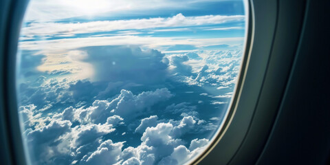 Sky view from an airplane window. White-blue clouds, sun rays. Travel by plane concept. Generative AI