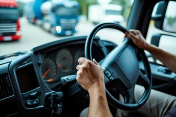 closeup of driver holding a tanker trucks steering wheel