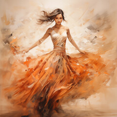 A woman in a long white orange dress is dancing in a painting , generated by AI