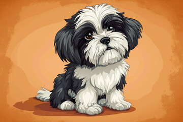 Shih tzu dog on the orange background. Cartoon style illustration.