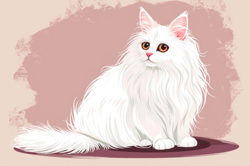 White Turkish Angora cat sitting on the floor. Cartoon style illustration of a beautiful pet.