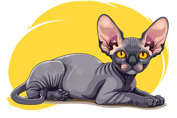 Cute Sphynx cat on yellow background. Cartoon style illustration.
