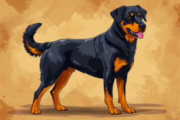Rottweiler dog on old paper background. Cartoon style illustration.