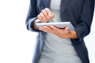 Businesswoman, hands or tablet for research on website, internet or social media in digital agency. Networking, closeup or worker typing on technology for schedule, news or online solution in office