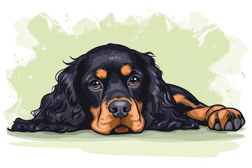 English Cocker Spaniel dog lying on a green background. Cartoon style illustration.