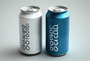 Two small white and blue aluminum soda cans mockup on white background. Generative AI
