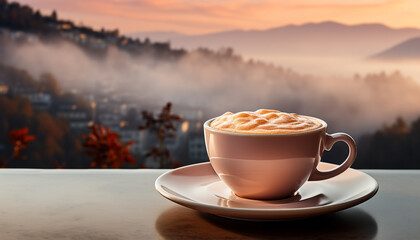 Hot drink on wooden table, nature refreshing warmth generated by AI