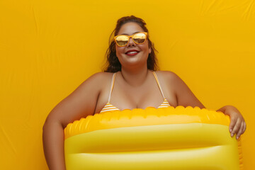 Happy funny plus size Latin woman in sunglasses and summer yellow bikini holding inflatable mattress isolated on a studio yellow background. Fat girl going to swim on a beach. Vacation concept.