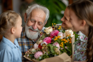 Happy grandfather receives birthday presents from his loving family. Children together with grandmother give grandpa a card and a bouquet of beautiful flowers