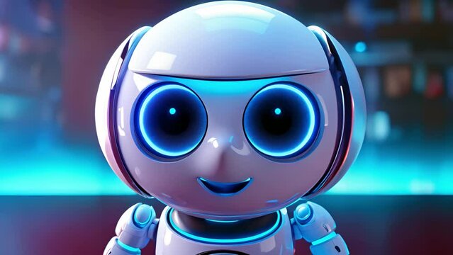 Adorable Friendly robot with large expressive eyes on blue background, loop