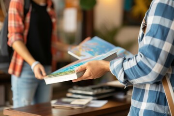 clerk handing travel guide to customer - obrazy, fototapety, plakaty