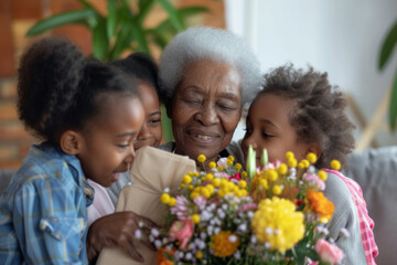 Happy senior African American woman receives presents from her grandchildren. Children make their grandmother a birthday surprise. Little kids give their grandma a gift card and a bouquet of flowers - obrazy, fototapety, plakaty