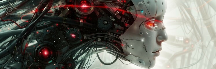 Cyborg or cyber background for android futuristic technology concept digital communication in cyberspace in future artificial intelligence management learning