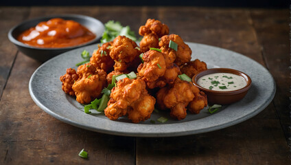 A plate of spicy buffalo cauliflower wings with a cool ranch dipping sauce.