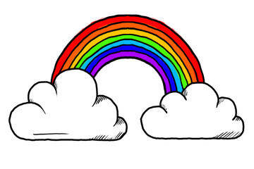 Clouds and Rainbow, Hand drawing Rainbow colours, pencil illustration