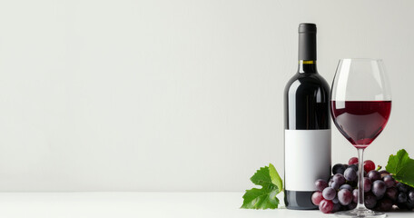 A mockup banner with a red wine bottle with a white label, accompanied by a wine glass and a bunch of grapes, all placed on a white background with copy-space - 734978405