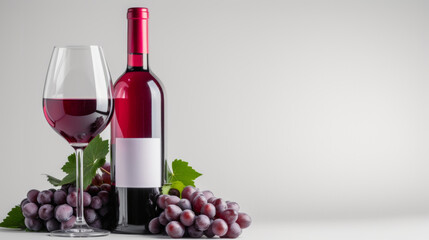 A closed bottle of red wine with a blank label, can be used for branding or customization. Next to it is a glass filled with red wine and clusters of ripe purple grapes. White background, copy-space - 734978406