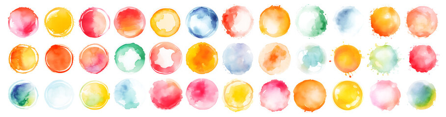 Set of color watercolor circle set. Vector smear watercolor splash stain on transparent background. Round hand drawn watercolor background with yellow, blue, red, pink, orange, green ink color - obrazy, fototapety, plakaty
