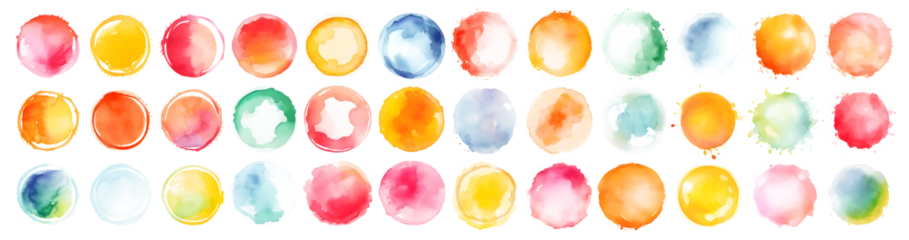 Tuinposter Set of color watercolor circle set. Vector smear watercolor splash stain on transparent background. Round hand drawn watercolor background with yellow, blue, red, pink, orange, green ink color © SHOHIDGraphics