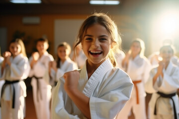 Obraz premium Nachwuchs-Karatekas mit Auszeichnung: Freude über bestandene Gürtelprüfung.