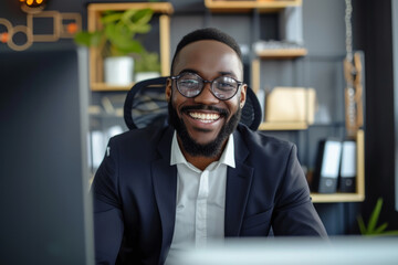 Happy smiling African American business man in suit and glasses looking at monitor screen camera having online webinar or video call or conference with colleague sitting in office. 