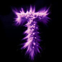 Letter T - Purple powder explosion font isolated on black background - uppercase letter T from the alphabet - Purple contrasting with a black background text - Purple dust burst typeset