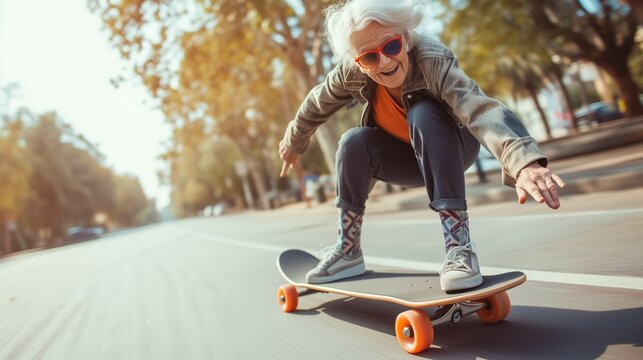 An Elderly Active Woman Riding A Longboard, Illustrating The Joy Of Outdoor Recreation In Older Age. Active Aging Or Skateboarding Enthusiasts Concept.