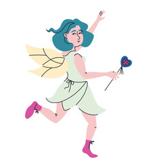 Dancing fairy with magic wand. Fairytale character in doodle style.