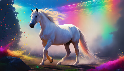 Obraz na płótnie Canvas Mystical Equine Elegance: A Rainbow-Colored Horse Rearing on Hind Legs, Radiating Majestic Beauty