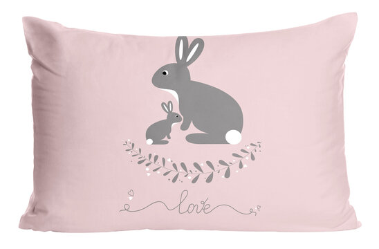 Soft pillow with printed cute rabbits and word Love isolated on white