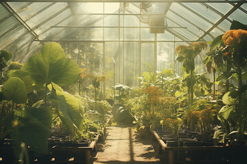 View on plants in the greenhouse retro vintage photography - obrazy, fototapety, plakaty