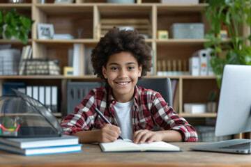 Smiling Latin Boy studying with laptop computer. Teenage boy sitting at his desk and writing in notebook.