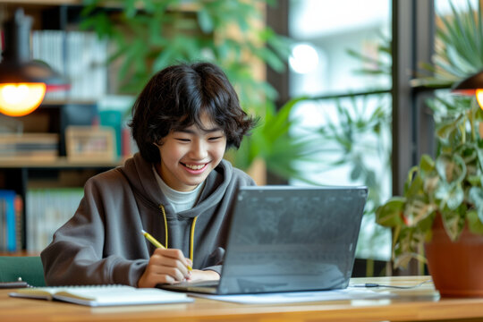 Smiling Japanese Boy studying with laptop computer. Teenage boy sitting at his desk and writing in notebook.
