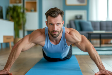 Fototapeta premium Young attractive sporty man doing push-up or plank sport exercises lying on yoga mat on the floor in the living room at home