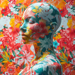 Floral Fantasy: A Pretty Lady with a Bright, Retro Makeup Gazing Serenely into the Summer Light against a Colorful, Abstract Background