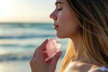 profile of a lady holding a rose quartz near her heart at the beach - 734979426