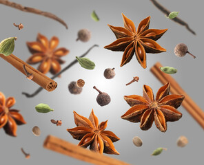 Different aromatic spices falling on grey background